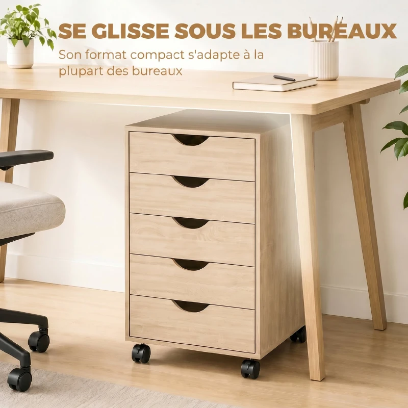 HOMCOM Caisson bureau mobile, meuble rangement sur roulettes avec 5 tiroirs, bois, 40 x 40 x 67 cm, chêne