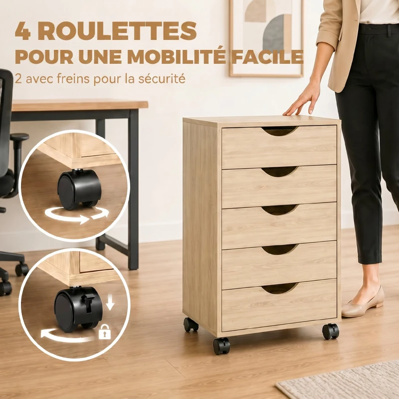 HOMCOM Caisson bureau mobile, meuble rangement sur roulettes avec 5 tiroirs, bois, 40 x 40 x 67 cm, chêne