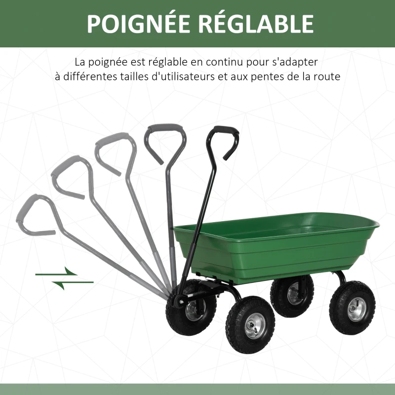 Outsunny Chariot de Jardin 100L Charge 250 kg, 4 Roues pneumatiques Remorque à Main pour Extérieur 108 x 52 x 100 cm Acier vert