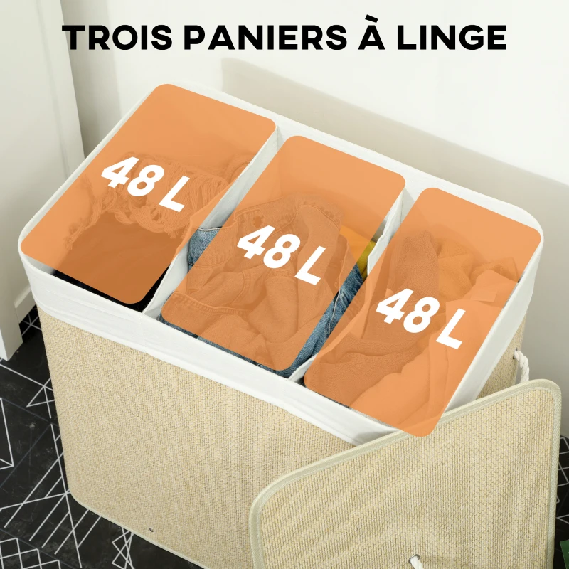 HOMCOM Panier à linge à trois compartiments avec couvercle, panier à linge en bambou 144 L avec poignées en corde