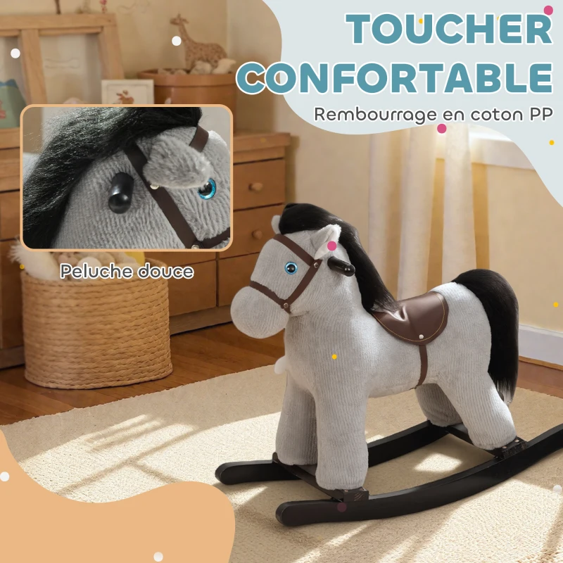 AIYAPLAY Cheval à bascule pour enfants, jouet à bascule bébé en peluche avec eouetffet sonore et poupée, 71 x 26 x 55 cm, gris