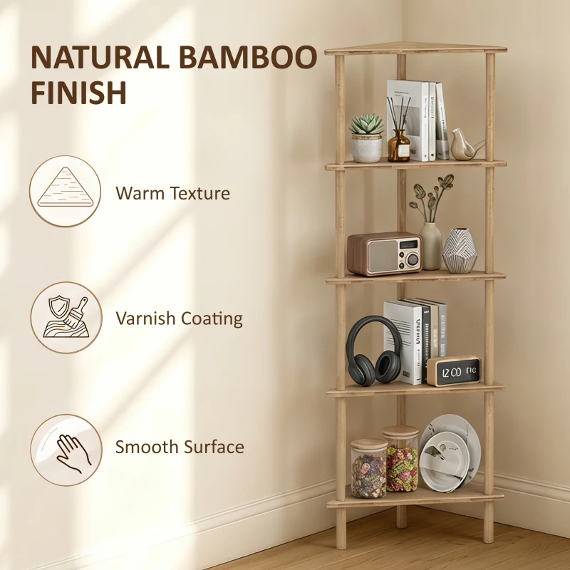 HOMCOM Bamboo Storage Shelf, 5-tier Corner Shelf, Freestanding Shelving Unit for Living Room, Home Office, Natural Wood Finish