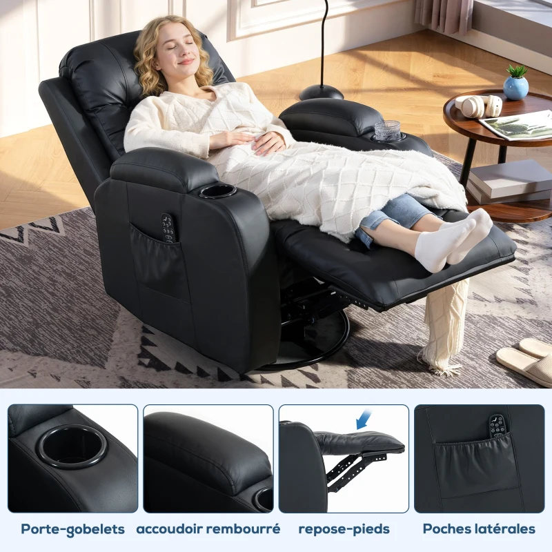 HOMCOM Fauteuil inclinable de massage et chauffage, fauteuil de relaxation, dossier réglable, pivotant 360°, 82x99x103cm, noir