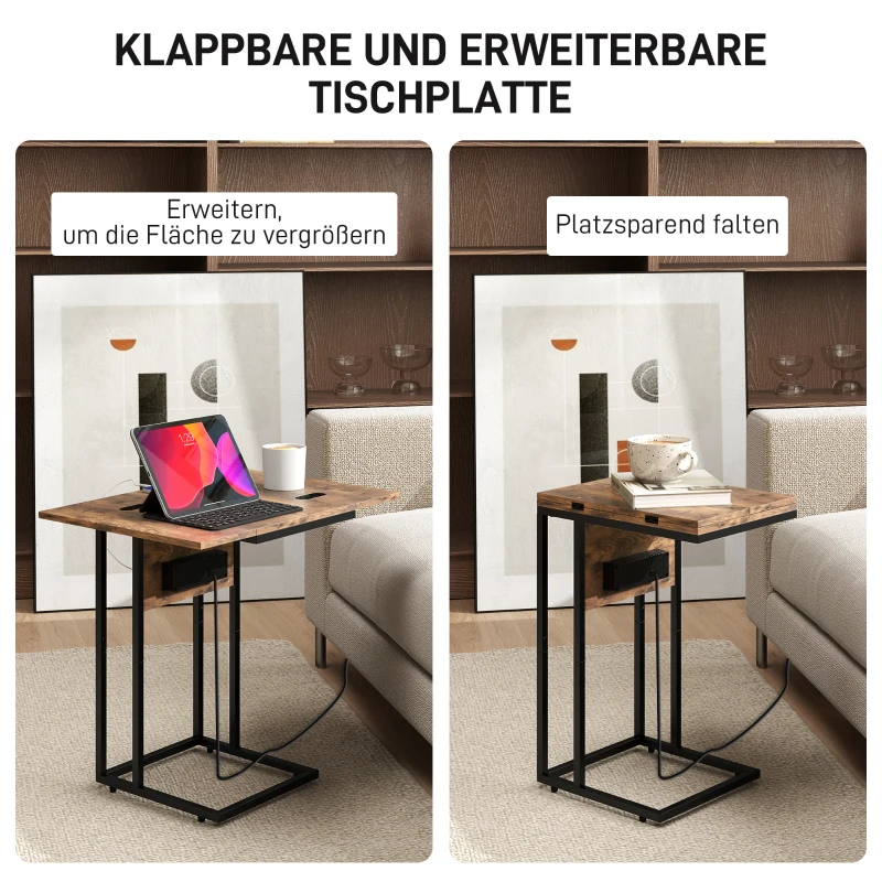HOMCOM Klappbarer Beistelltisch, Ladestation mit USB-Ports, Metall, 39 x 29 x 57 cm, Braun