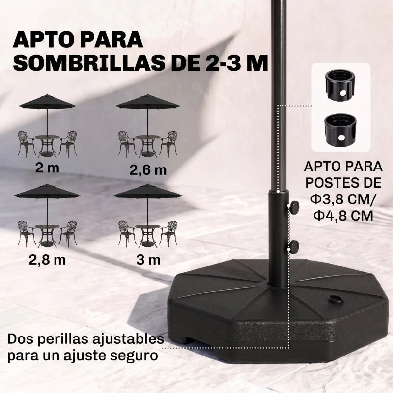Outsunny Base de Sombrilla Rellenable de Agua 28 kg o Arena 40 kg Soporte de Parasol Octagonal Apto para Postes de 38mm 48 mm para Jardín Terraza Ø60x36 cm Negro