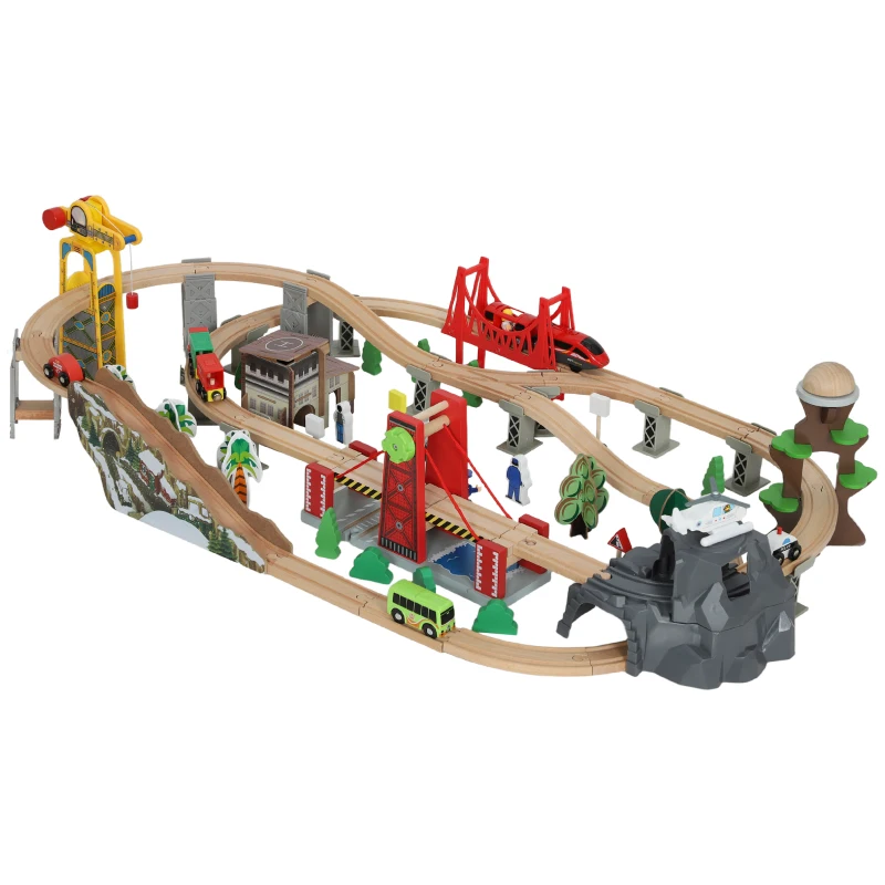AIYAPLAY Set Ferroviario in Legno, 100 Pezzi per Bambini 3+ Anni con Gru Magnetica, Treni, Ponte, Elicottero