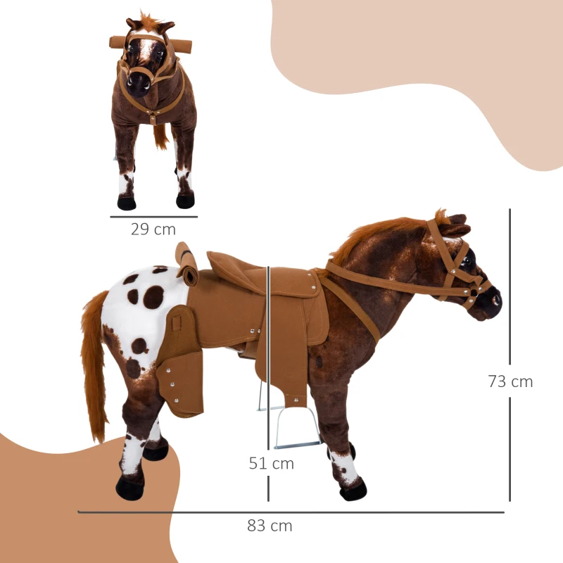 HOMCOM Cheval Debout en Peluche Effets sonores hennissement et Galop Selle étrier rênes 85L x 28l x 60H Marron Blanc(m-3)