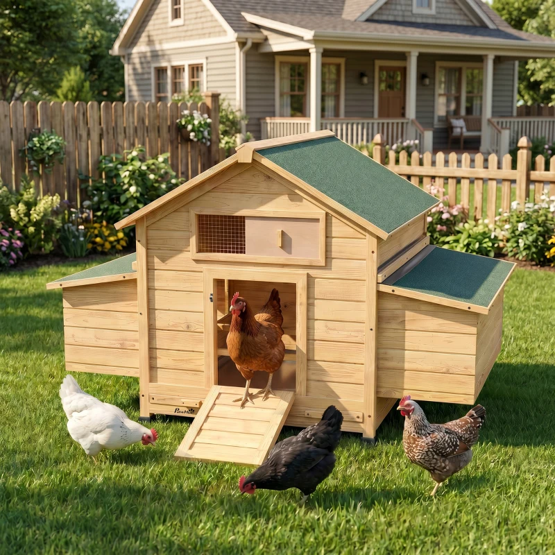 PawHut Chicken Coop, Wooden Outdoor Hen House with Nesting Box, Openable Waterproof Top, Pull-Out Tray, 150 x 100 x 97cm