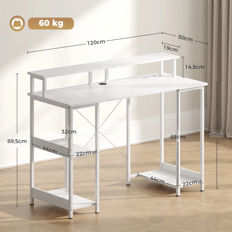 HOMCOM Scrivania per Computer Reversibile con Ripiani, con Prese Elettriche e Luci LED, 120x50 cm, Bianco