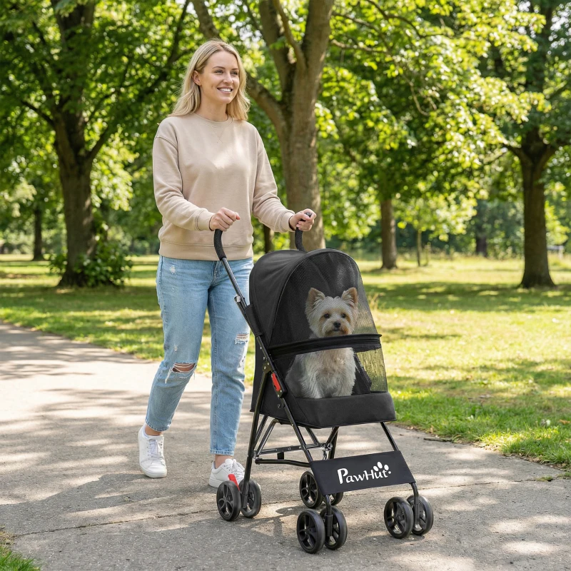PawHut Dog Stroller, Foldable Cat Dog Pram for Miniature Breeds, Pet Stroller with Brake, Mesh Windows, Black