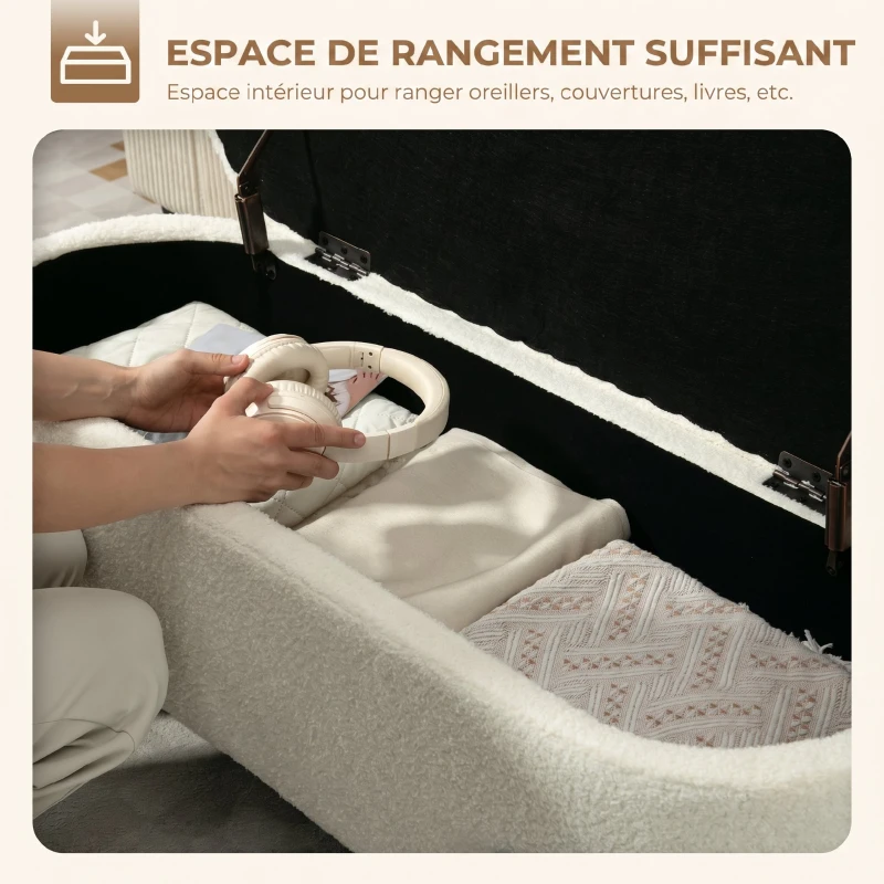 HOMCOM Banc de rangement, banc coffre de rangement en tissu bouclette avec couvercle relevable et pieds en acier, crème