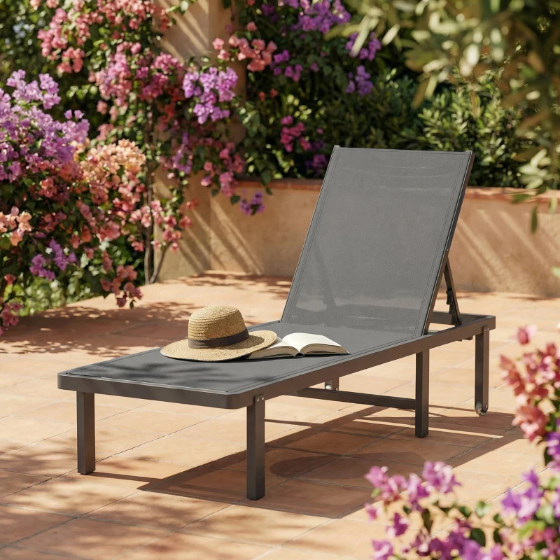 Outsunny Bain de Soleil Transat de Jardin avec Roulettes Inclinable à Plat 4 Positions et Textilène 530g/m² Gris Foncé