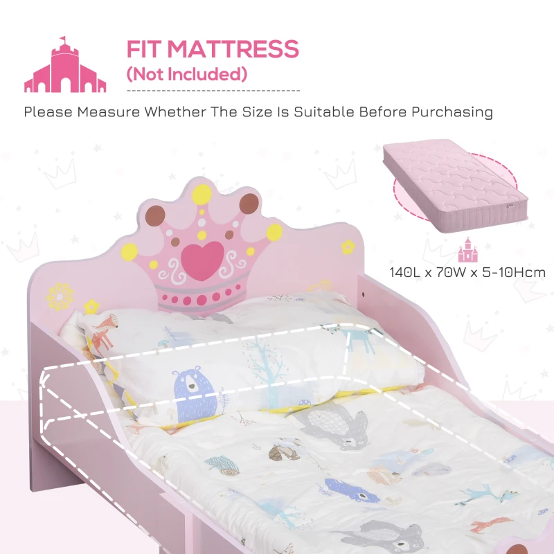 HOMCOM Kids Toddler Bed Princess Crown Theme Safety Side Rails Slats Home Bedroom Furniture Boys Girls 3-6 Years Pink 143 x 73 x 60 cm