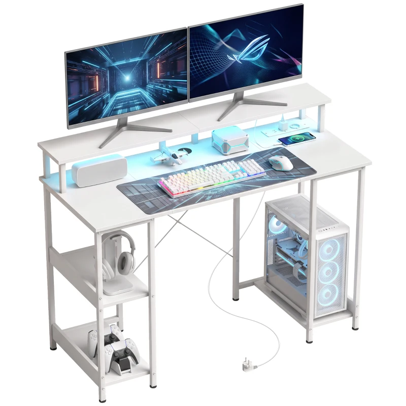 HOMCOM Escrivaninha para Computador Reversível Prateleiras, 120x50 cm, com Tomadas Elétricas e Luzes LED, Branco Efeito Madeira