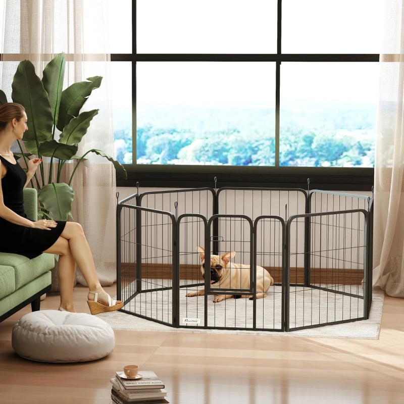PawHut Parc pour chien enclos chien 8 panneaux modulable et pliable acier avec porte pour chiot intérieur extérieur 60 cm noir