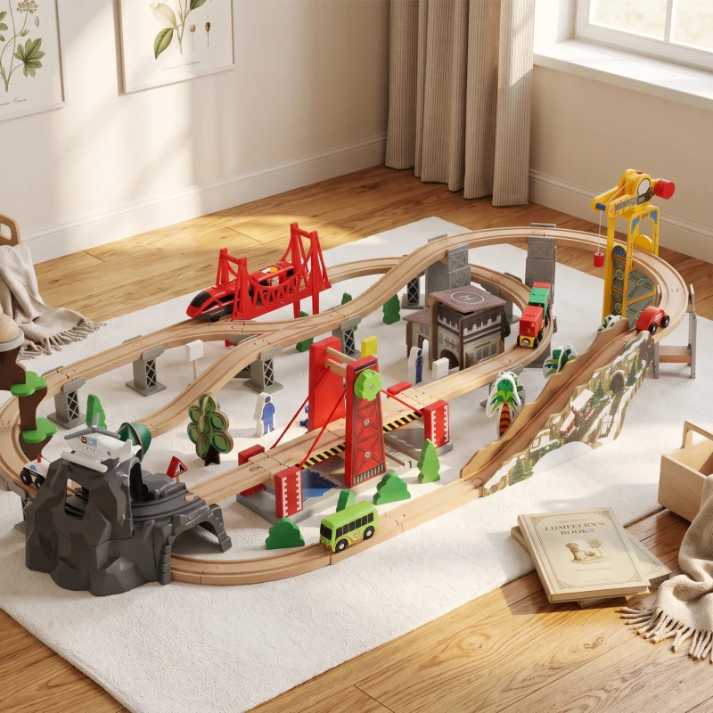 AIYAPLAY 100 Piece Wooden Train Set for Kids 3+ Years with Track, Crane, Battery Operated Train