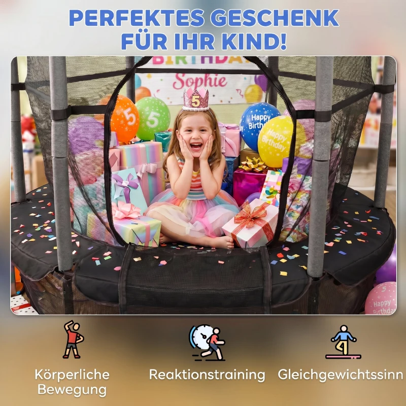 HOMCOM Trampolin für Kinder, Ø163 cm, mit Sicherheitsnetz, In- und Outdoor, Belastung bis 50 kg, Stahl, Kunststoff, Schwarz
