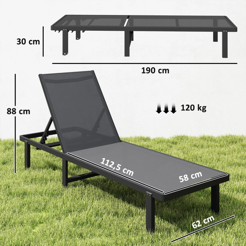 Outsunny Bain de Soleil Transat de Jardin avec Roulettes Inclinable à Plat 4 Positions et Textilène 530g/m² Gris Foncé