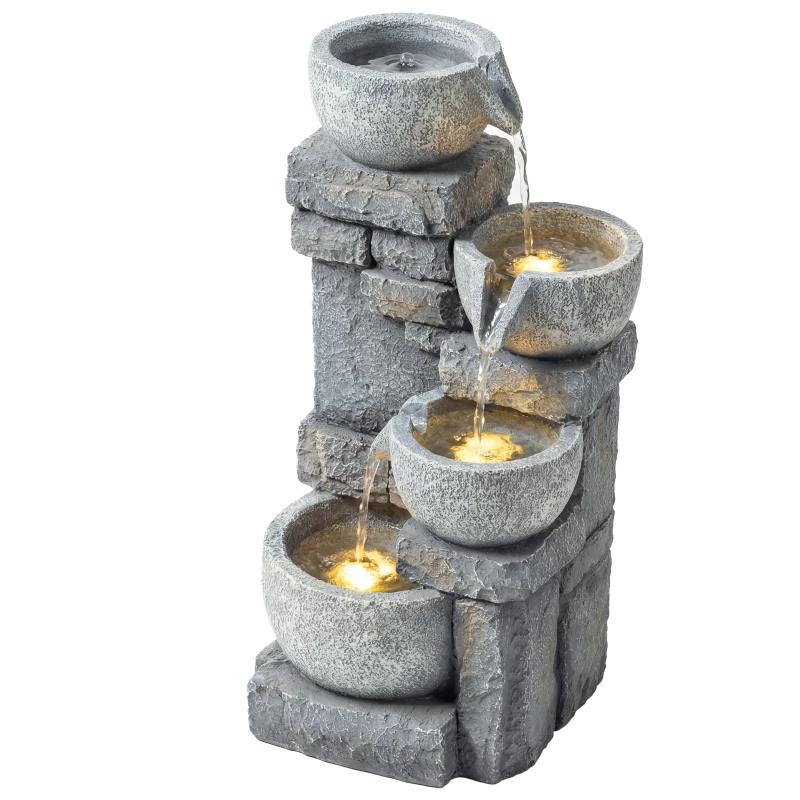 Outsunny Fontaine de Jardin Cascade 4 Niveaux Décoration Effet Pierre et Brique avec Éclairage LED 28 x 25 x 54,5 cm Gris