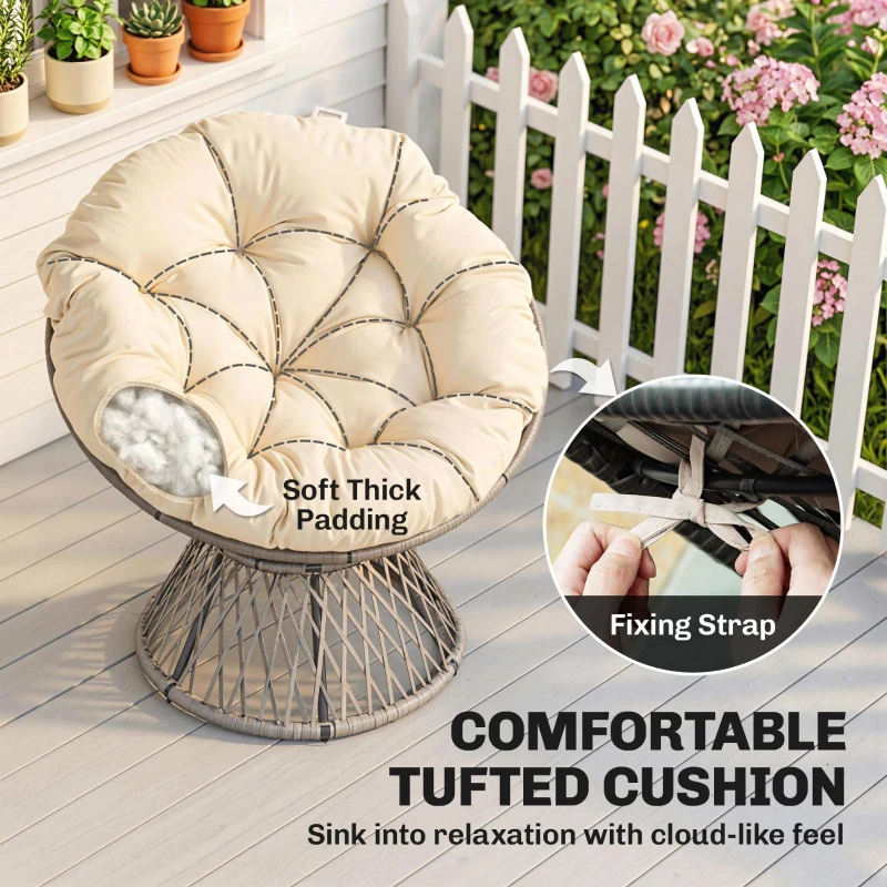 Outsunny 360° Swivel Rattan Moon Bowl Chair Round Lounge Garden Wicker Basket Seat with Padded Cushion Oversized for Outdoor Indoor, Beige