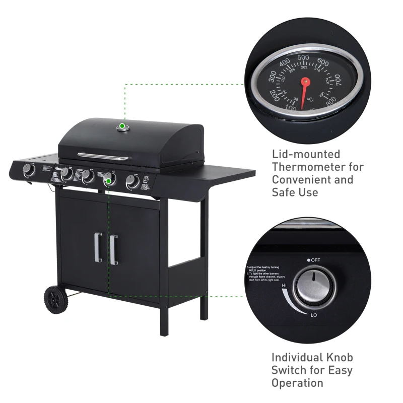 Outsunny 4+1 Burner Gas BBQ Grill, Outdoor Barbecue Trolley with Wheels, Warming Rack, Side Shelves, Cabinet, Thermometer for Garden, Party, Camping, 125 L x 51 W x 100 H cm, Black