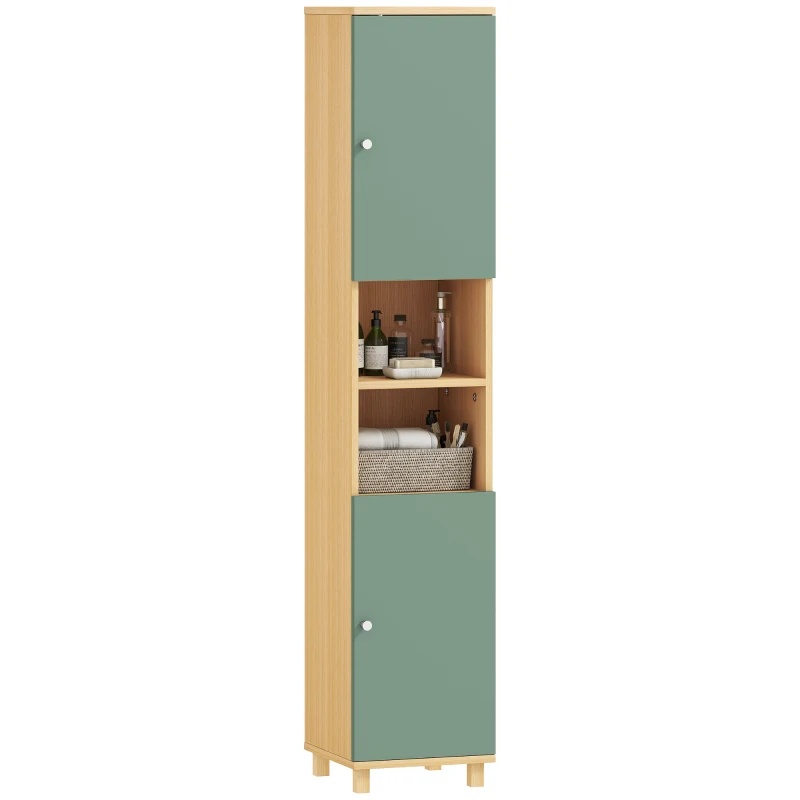 HOMCOM Meuble de salle de bain meuble de rangement 2 placards 2 compartiments ouverts étagères réglables 30 x 30 x 166 cm, vert