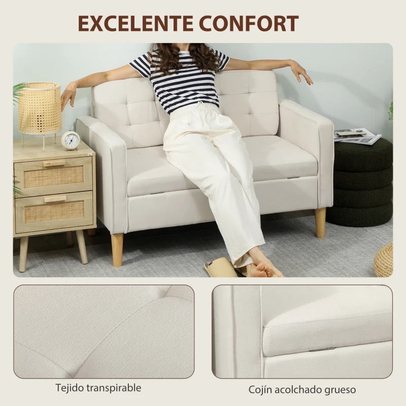 HOMCOM Sofá de 2 Plazas con Espacio de Almacenamiento Patas de Madera Respaldo Capitoné 117x62x78 cm Crema