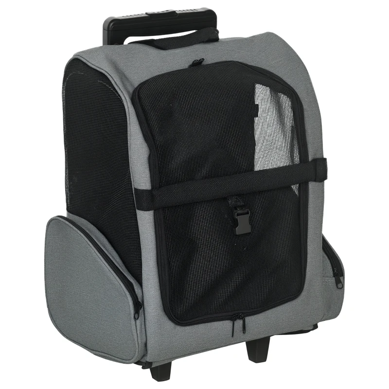 PawHut Sac de transport à roulettes pour chien 2 en 1 trolley chariot sac à dos pour chien chat avec poignée téléscopique, sacs de rangement, aérations, attache de sécurité, 42 x 25 x 55 cm, gris
