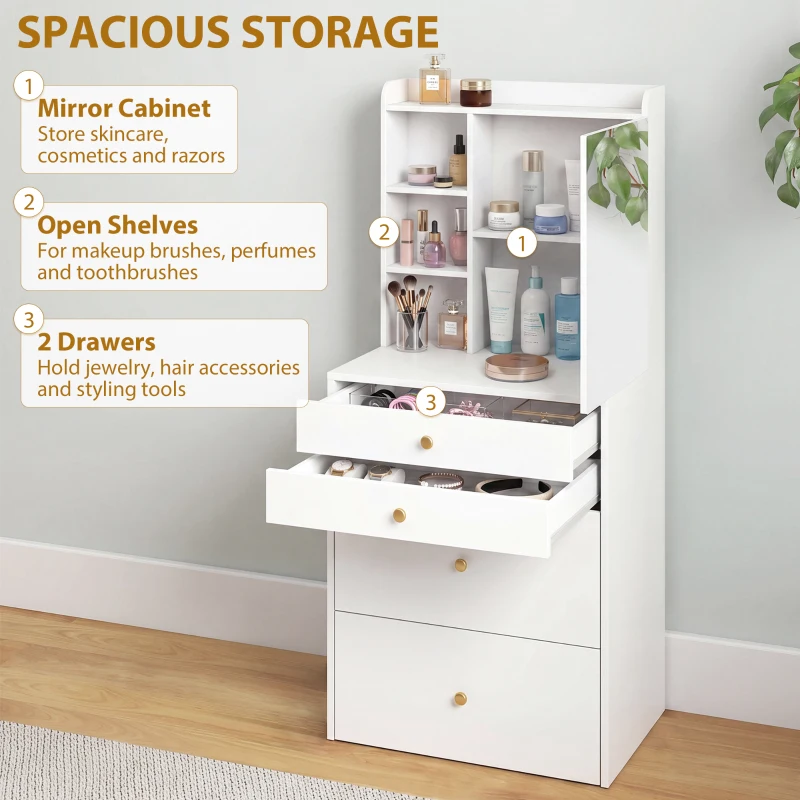 HOMCOM Dressing Table with Mirror and Mobile Storage Stool, Compact Vanity Table with Cabinet, Drawers, Open Shelves, White
