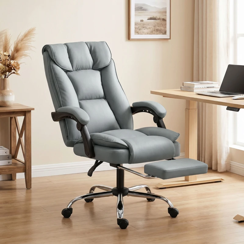 HOMCOM Chaise de bureau ergonomique, fauteuil de bureau inclinable avec repose-pieds, hauteur réglable, pivotante 360°, gris