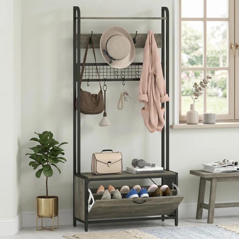 HOMCOM Schuhgarderobe 5-in-1 mit Sitzbank, Gitterpaneel, Schrank, 10 Haken, oberes Ablagebrett und Stahlrahmen, Grau
