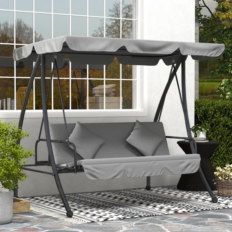 Outsunny Outdoor 2-in-1 Swing Chair Lounger 3 Seater Garden Swing Seat Bed Convertible Tilt Canopy W/ Cushion, Light Grey