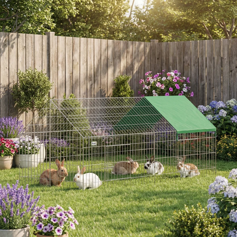 PawHut Parc Enclos Cage Lapin Extérieur avec Portes Verrouillables et Protection Pare-Soleil Toit, Acier, 180x75x75 cm, Vert