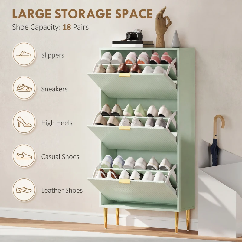 HOMCOM Elegant Three-Drawer Shoe Cabinet - Light Green