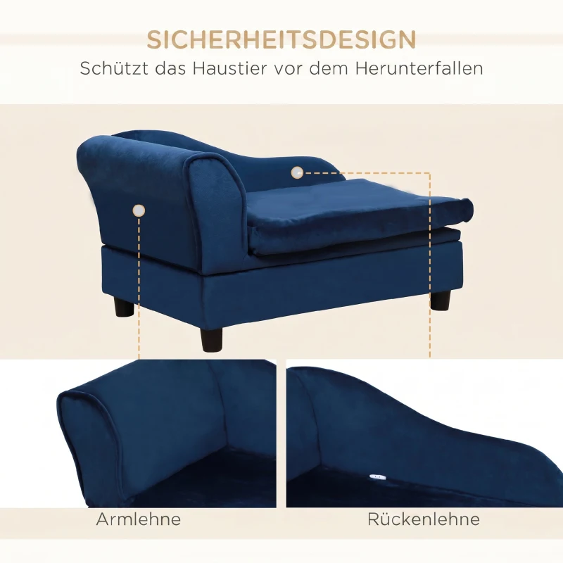 PawHut Sofa dla zwierząt ze schowkiem, miękką poduszką, nośność do 15 kg, pluszowe obicie, rama z twardego drewna, Niebieski