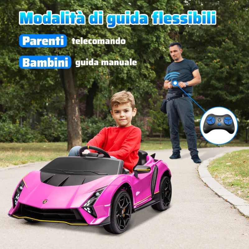 AIYAPLAY Macchina Elettrica Bambini 3-6 Anni 12V Lamborghini Autentica con 2 Motori, Porta a Forbice, Sospensioni, Rosa