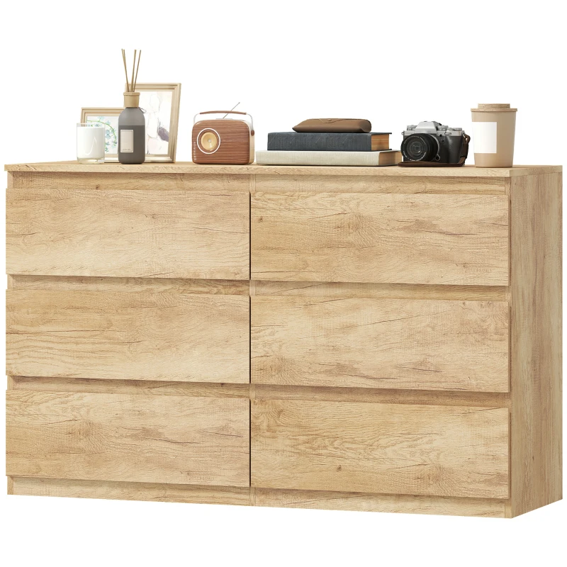 HOMCOM Commode 6 tiroirs meuble de rangement sans poignées design minimaliste 120 x 39 x 75 cm chêne