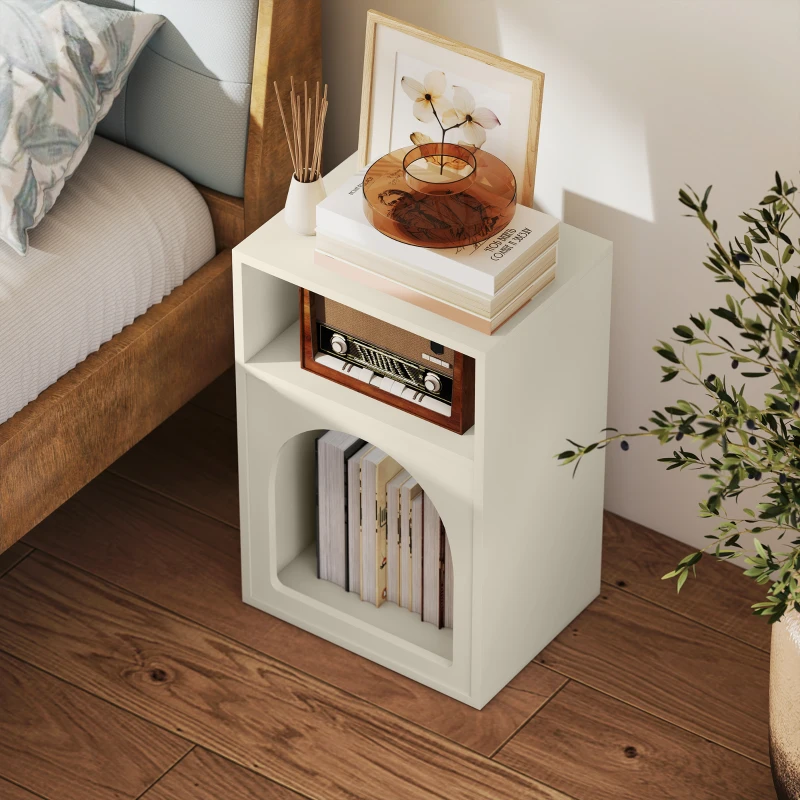 HOMCOM Lot de 2 tables de chevet, table de nuit avec compartiments ouverts, design arqué, 40 x 30 x 60 cm, crème