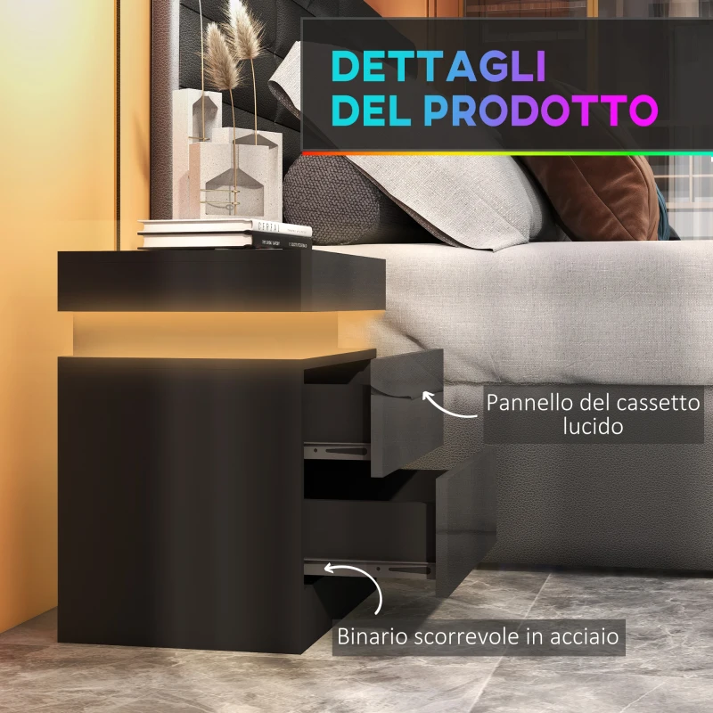 HOMCOM Comodino LED a 16 Colori e 4 Modalità con 2 Cassetti, in Legno, 45x35x52 cm, Nero