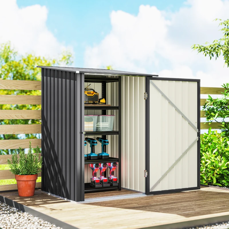 Outsunny 3.3 x 3.4ft Lean To Steel Garden Shed, with Locking Door - Dark Grey