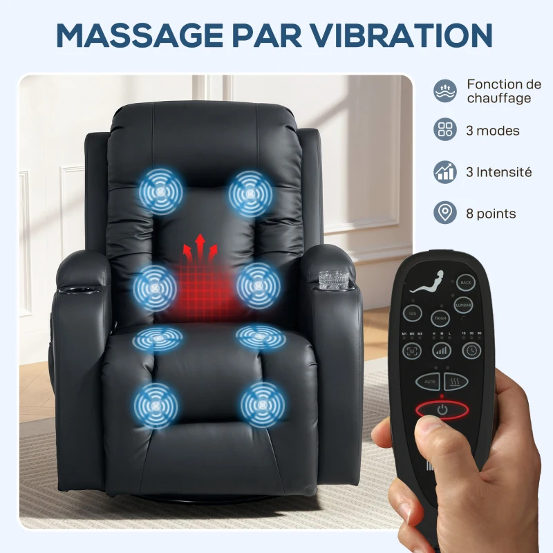 HOMCOM Fauteuil inclinable de massage et chauffage, fauteuil de relaxation, dossier réglable, pivotant 360°, 82x99x103cm, noir