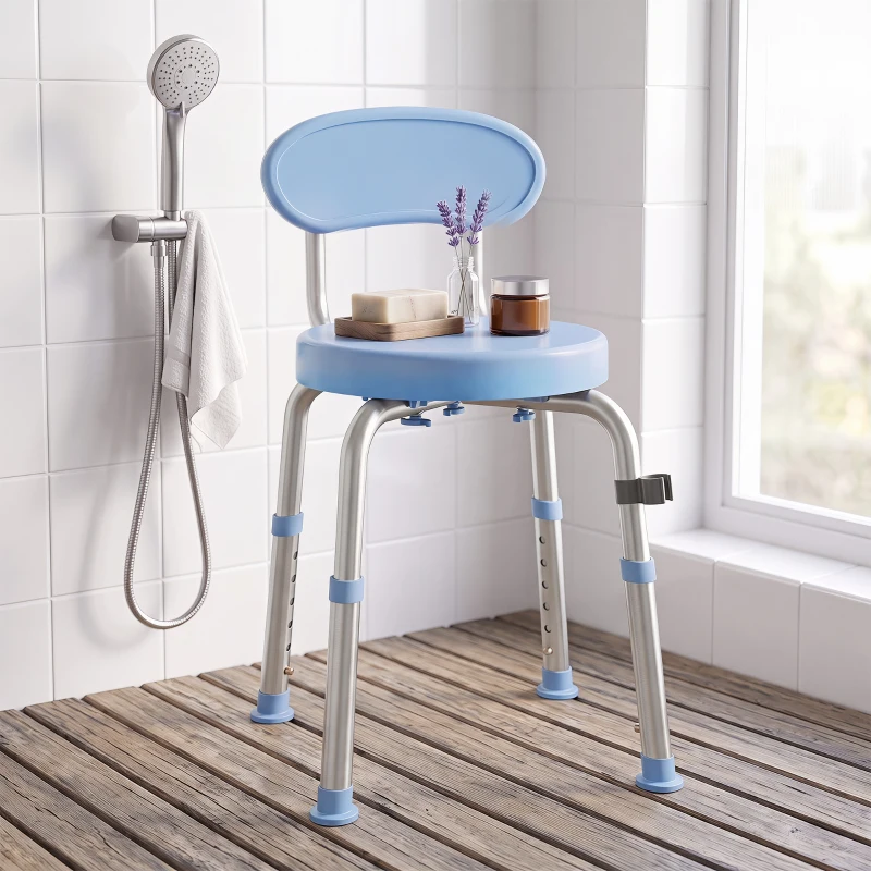 HOMCOM Tabouret de Douche Ronde Pivotant 360°, Hauteur Réglable, Dossier, Pieds Antidérapants, 38,5x37,5x75cm, Bleu Clair