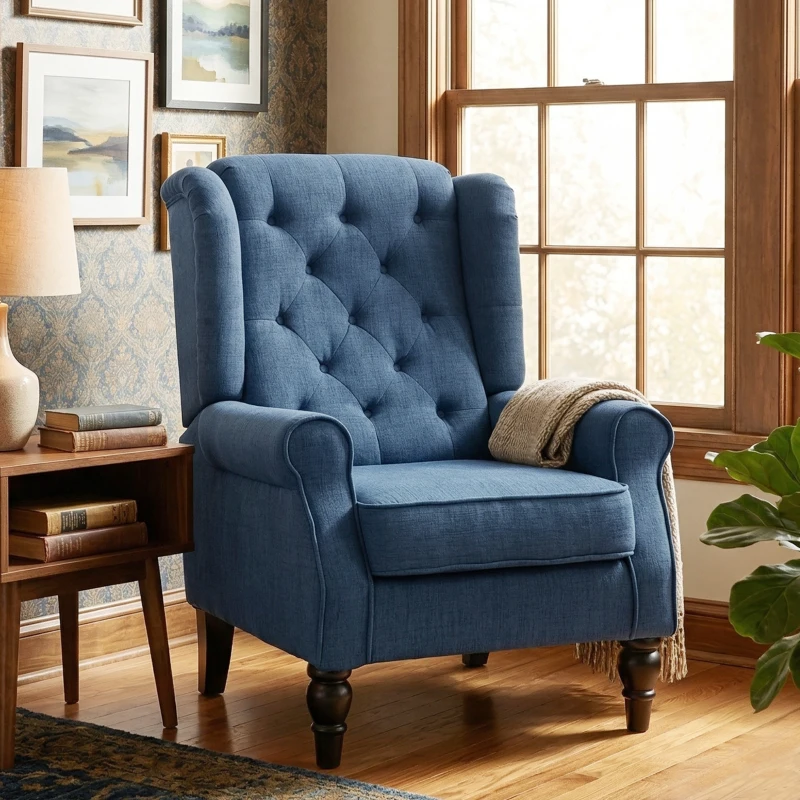 HOMCOM Wingback Accent Chair, Retro Upholstered Button Tufted Occasional Chair for Living Room and Bedroom, Blue
