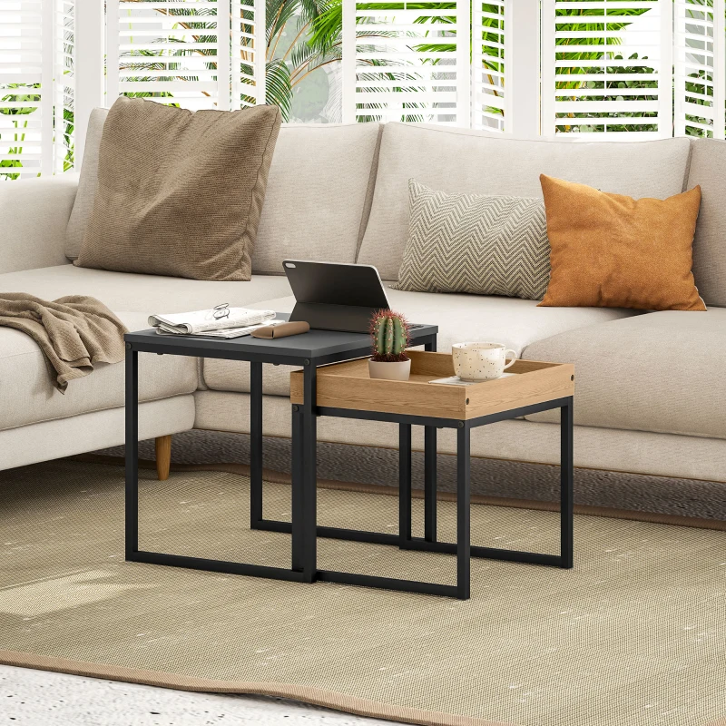 HOMCOM Lot de 2 tables basses gigognes carrées, tables gigognes de salon avec cadre en acier, style moderne, noir