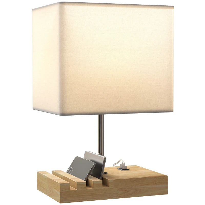 HOMCOM Lampe de chevet avec USB A+C, lampe de table moderne, 3 supports pour téléphone, ampoules non incluses, blanc