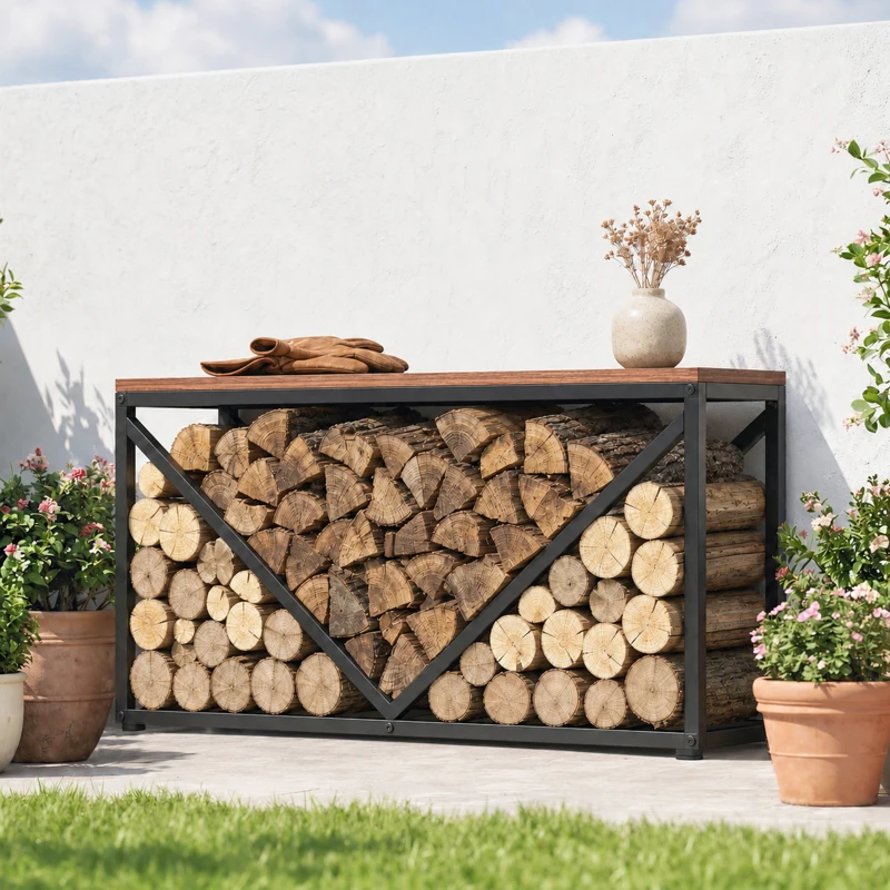 Outsunny 2-in-1 Kaminholzregal für innen 98 x 28 x 50 cm erhöhtes Brennholzregal mit Ablage Trennwand Beistelltisch