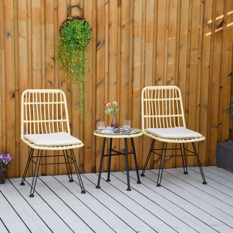 Outsunny Ensemble bistro de jardin 3 pièces 2 chaises + table basse ronde verre trempé 2 coussins crème
