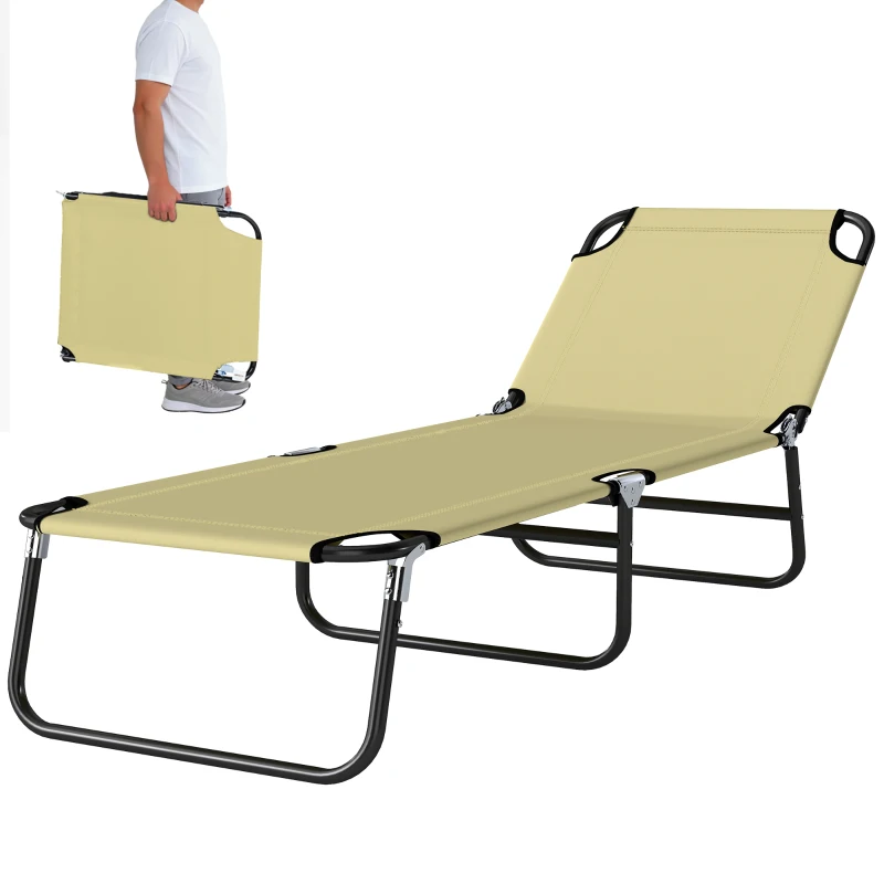 Outsunny Foldable Sun Lounger with 5-Position Adjustable Backrest, Outdoor Portable Recliner Chaise Lounge Chair with Oxford Fabric for Patio, Beach, Garden, Camping, Beige