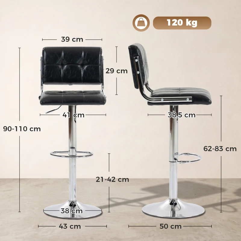 HOMCOM Lote de 2 taburetes de barra, altura ajustable, giratorio 360°, asiento acolchado, respaldo y reposapiés, negro