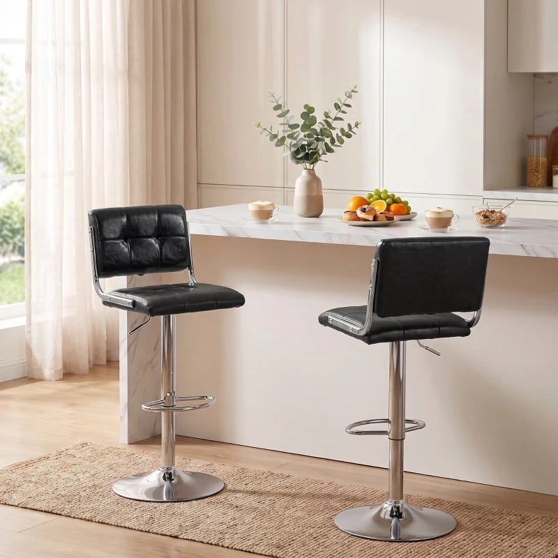 HOMCOM Set de 2 scaune de bar, înălţime reglabilă, rotativ 360°, şezut captuşit, spătar şi suport pentru picioare, negru